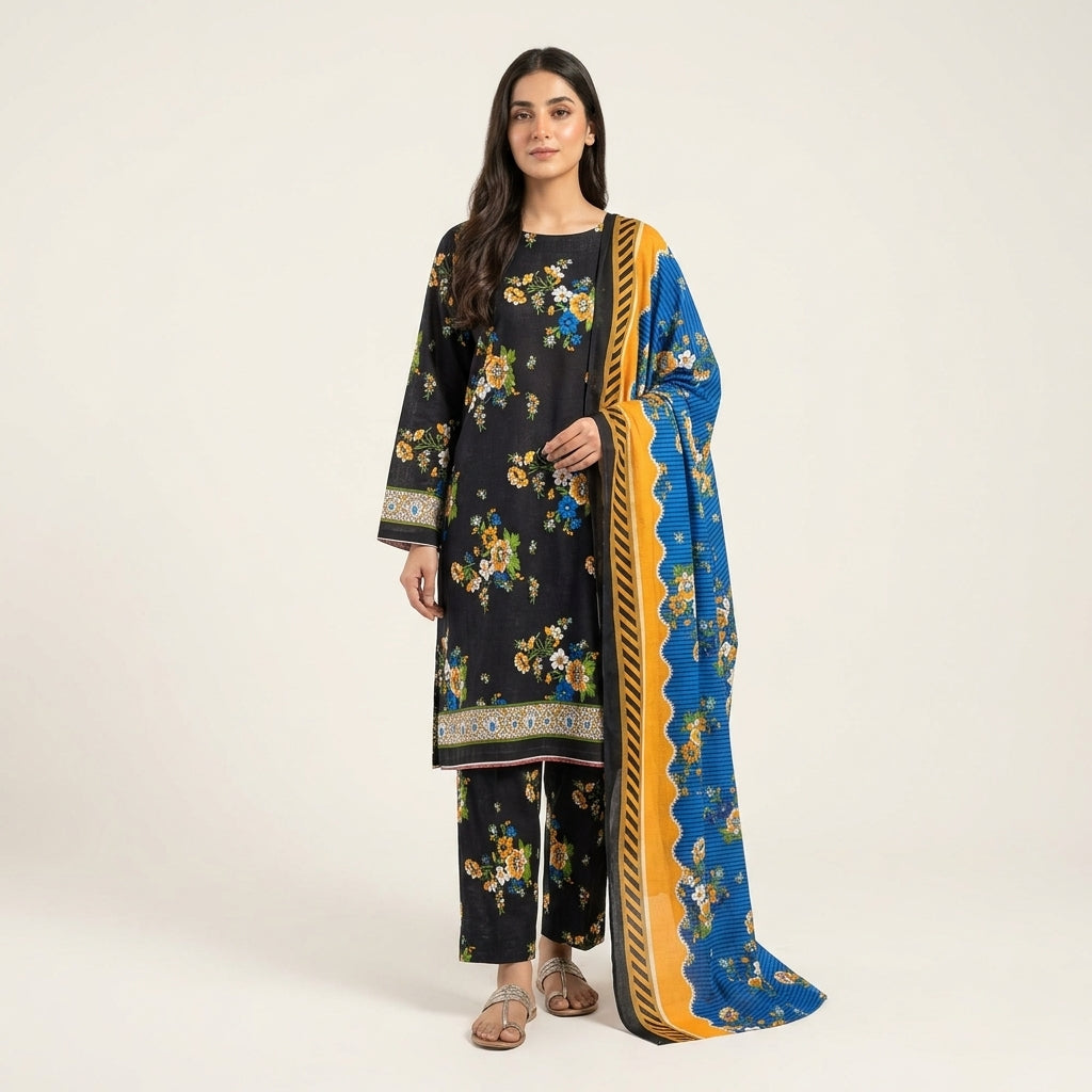 Aurezza Collection Black Floral Printed Khaddar 3-Piece Suit