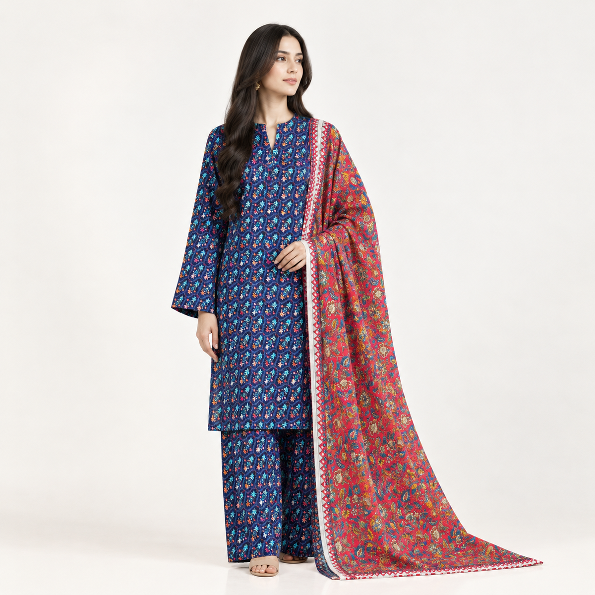 Aurezza Collection Navy Blue Printed Khaddar 3-Piece Suit