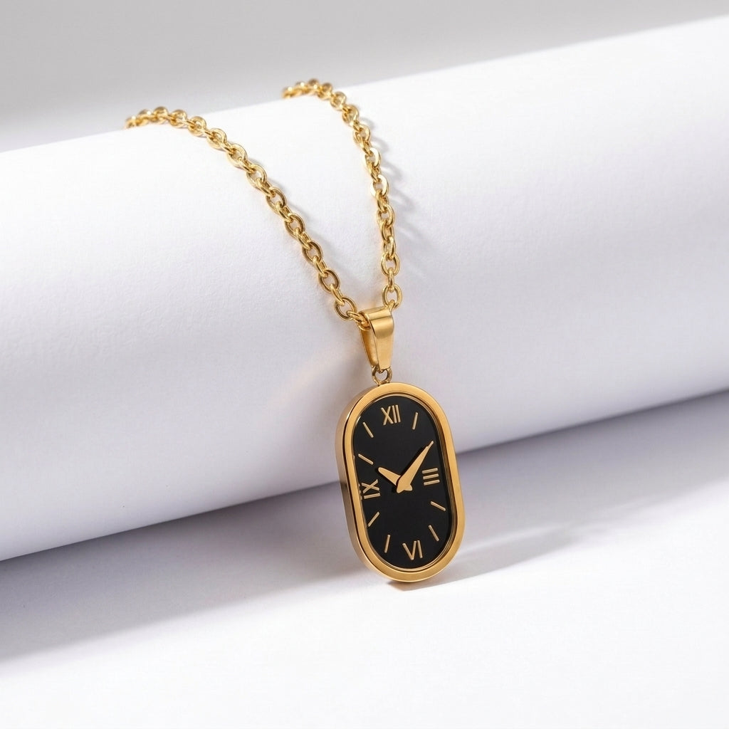Aurezza Timeless Roman Clock Pendant Necklace – Gold Plated Stainless Steel