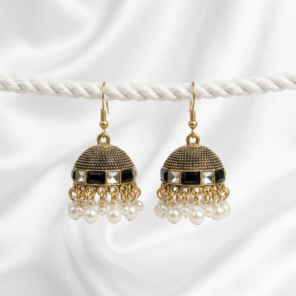 Vintage Black Stone Pearl Jhumka Earrings for Women