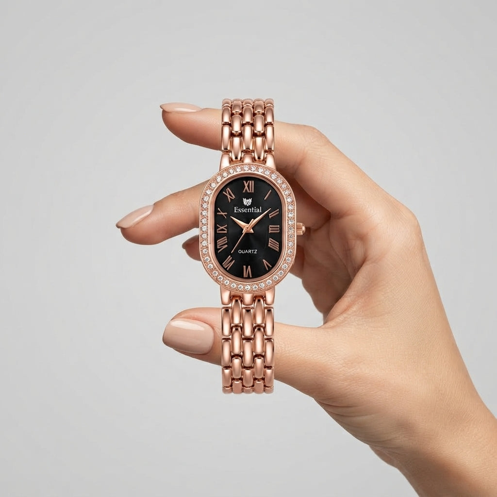 Essential Rose Gold Black Dial Women's Quartz Watch