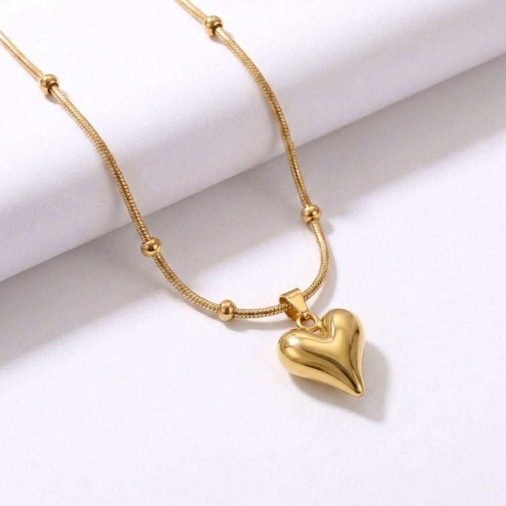 Aurezza Elegant Golden Puffy Heart Pendant Necklace for Women