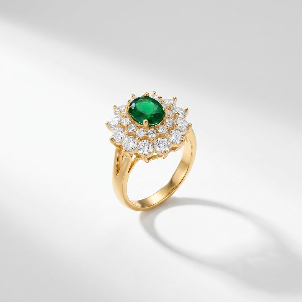 Luxury Green Emerald Halo Crystal Ring for Women