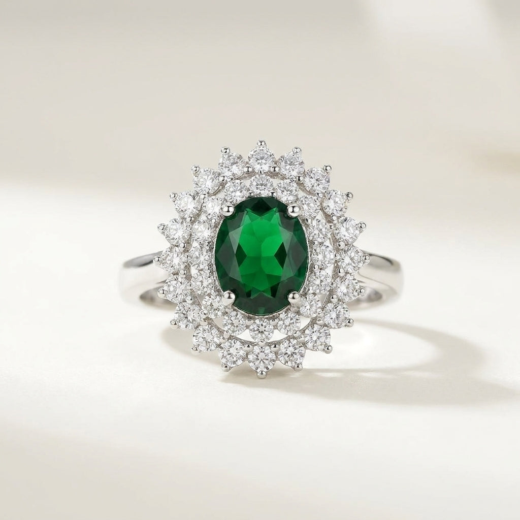 Luxury Green Emerald Halo Crystal Ring for Women