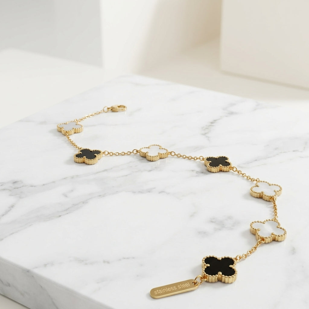 Luxury Gold Black & White Clover Chain Bracelet for Women