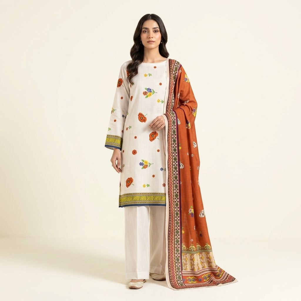 Aurezza Collection Off-White & Rust Floral Printed Khaddar 3-Piece Suit