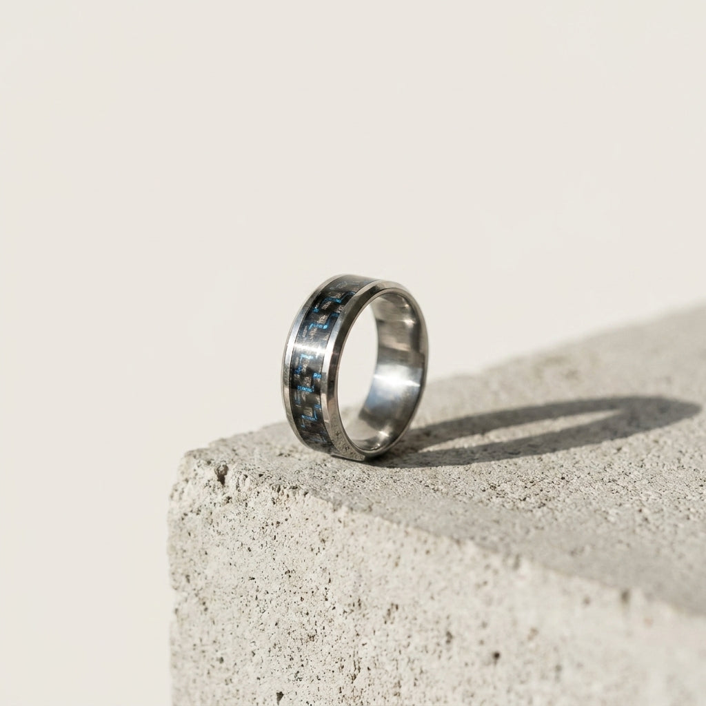 Premium Silver Blue Carbon Fiber Stainless Steel Band Ring | Luxury Men's Fashion Jewelry
