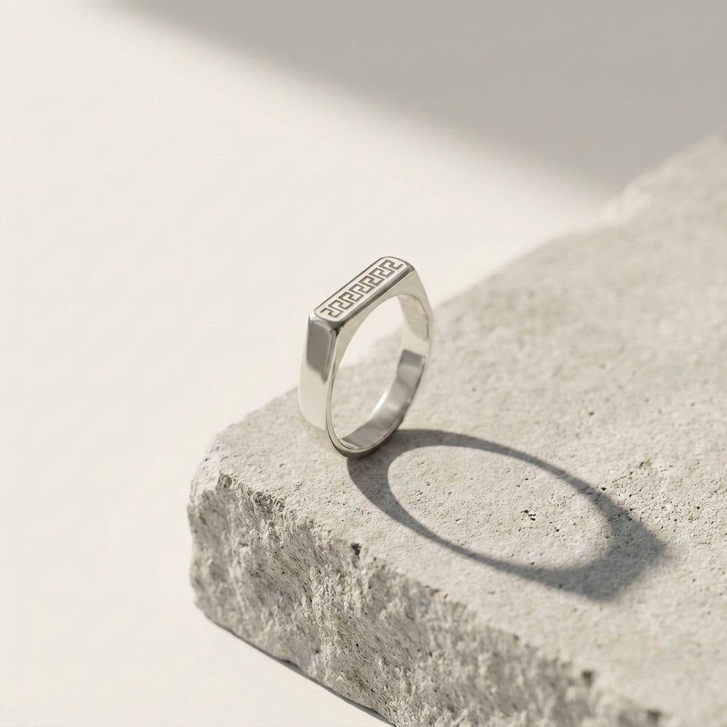 Premium Silver Greek Pattern Stainless Steel Signet Ring | Luxury Men's Fashion Jewelry