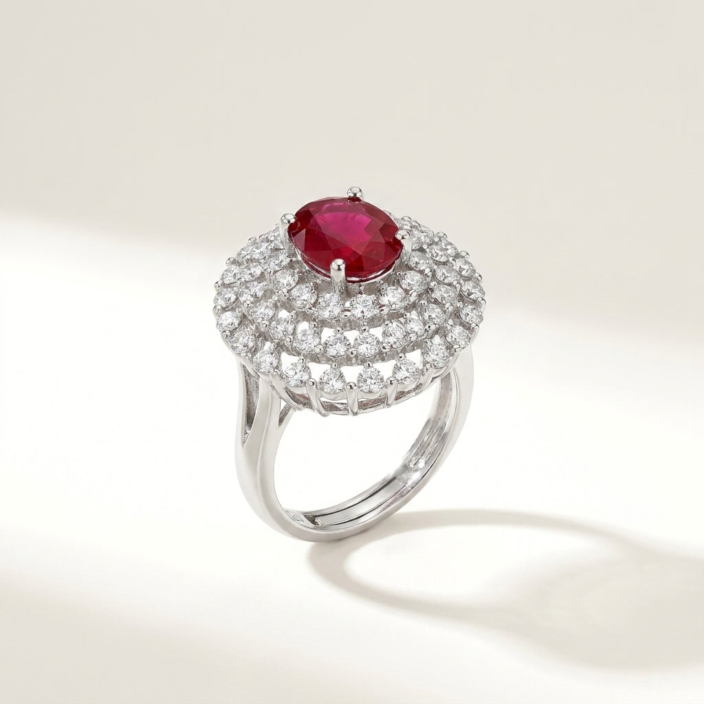 Luxury Red Ruby Halo Crystal Ring for Women