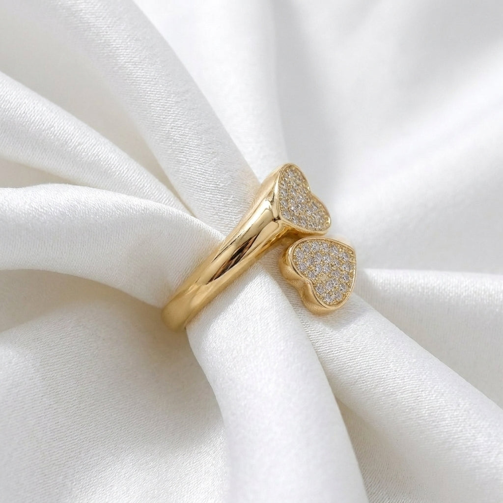 Gold Double Heart Adjustable Stainless Steel Ring for Women