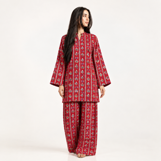 AUREZZA – Red Printed Lawn Unstitched 2-Piece Suit