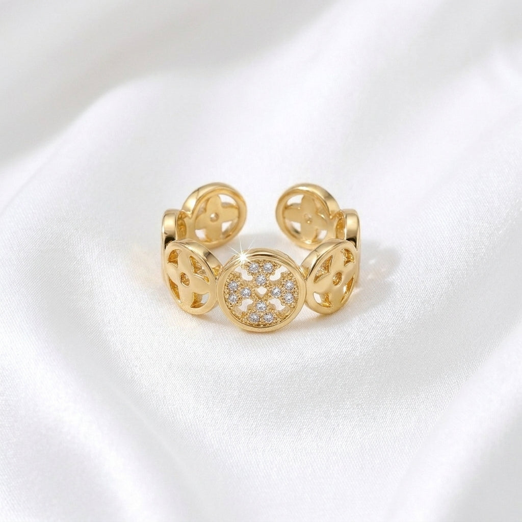 Luxury Gold Clover CZ Adjustable Ring for Women