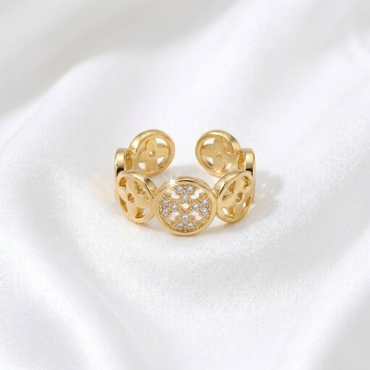 Luxury Gold Clover CZ Adjustable Ring for Women
