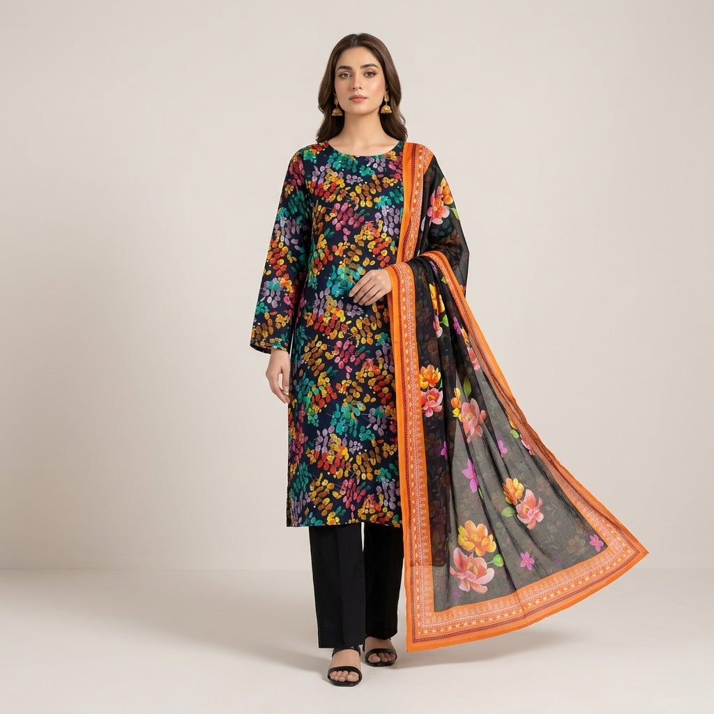 Aurezza Collection Black Floral Printed Linen 3-Piece Suit