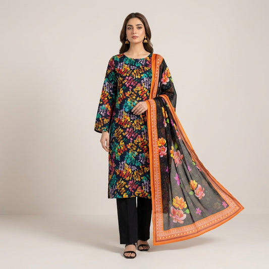 Aurezza Collection Black Floral Printed Linen 3-Piece Suit