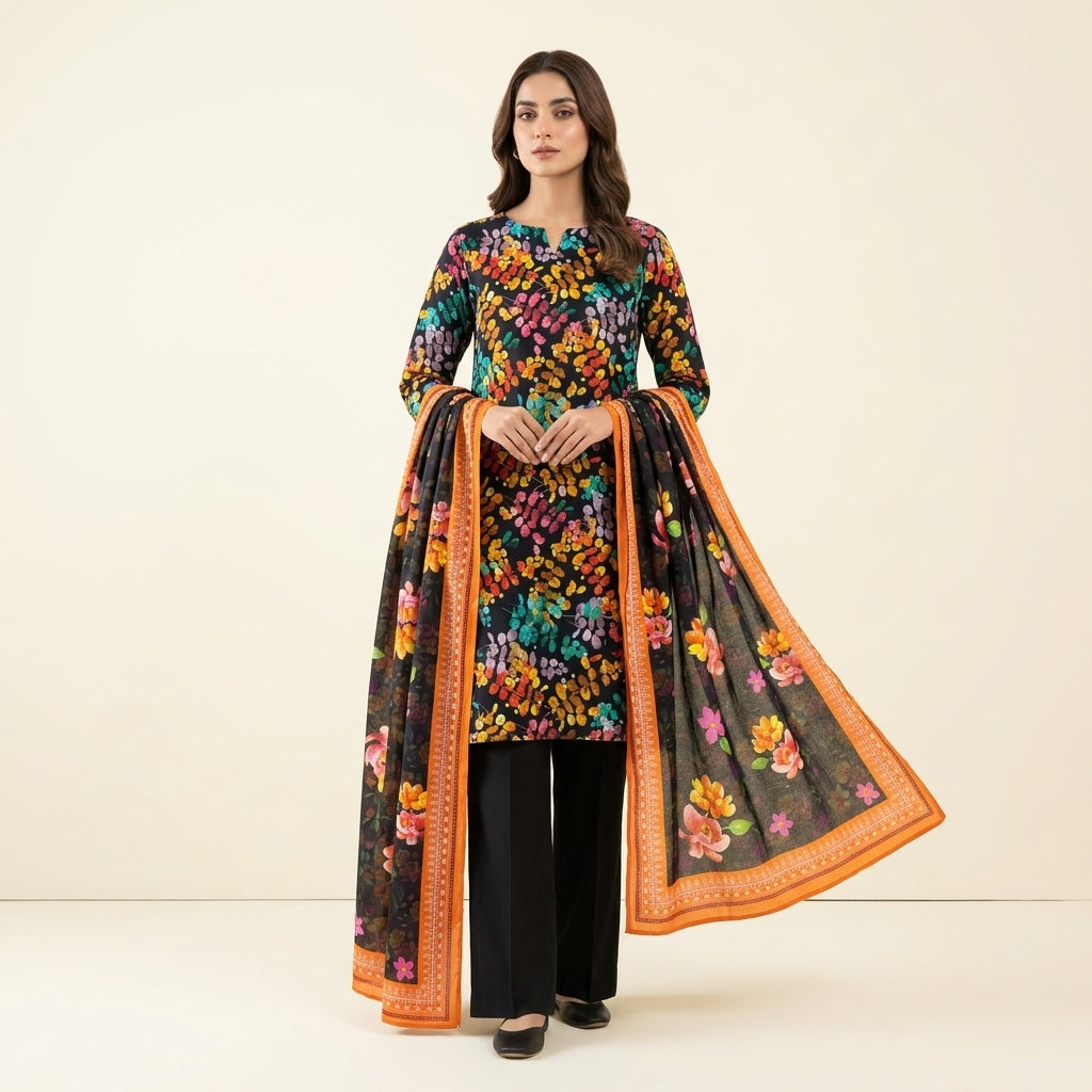 Aurezza Collection Black Floral Printed Linen 3-Piece Suit