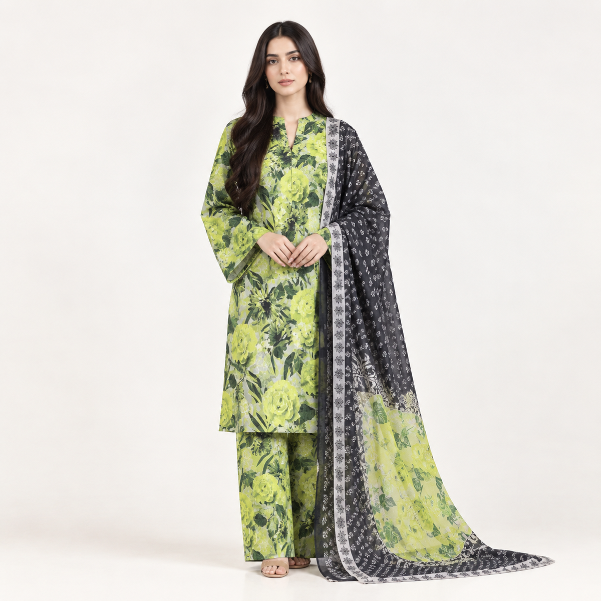 Aurezza Collection Green Floral Printed Linen 3-Piece Suit