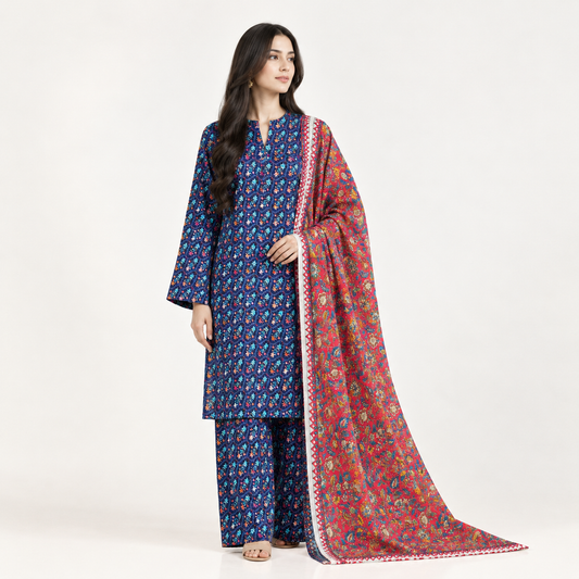 Aurezza Collection Navy Blue Printed Khaddar 3-Piece Suit