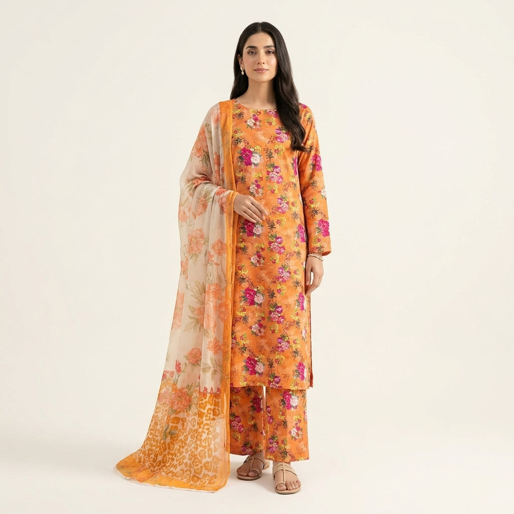 Aurezza Collection Orange Floral Printed Linen 3-Piece Suit