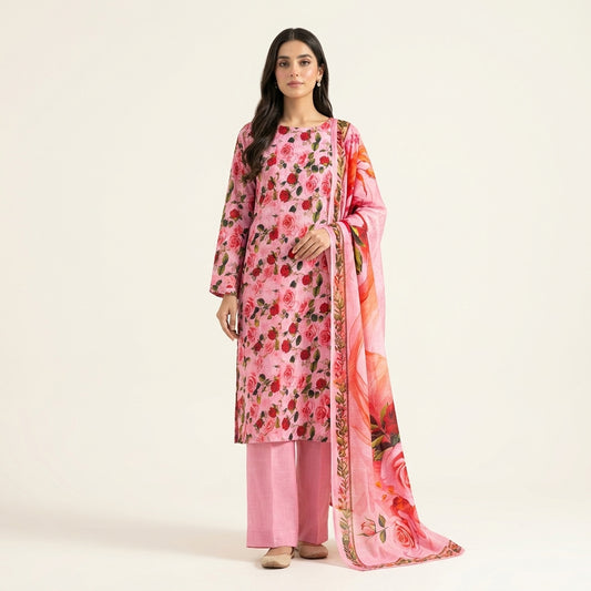 Aurezza Collection Pink Floral Printed Khaddar 3-Piece Suit