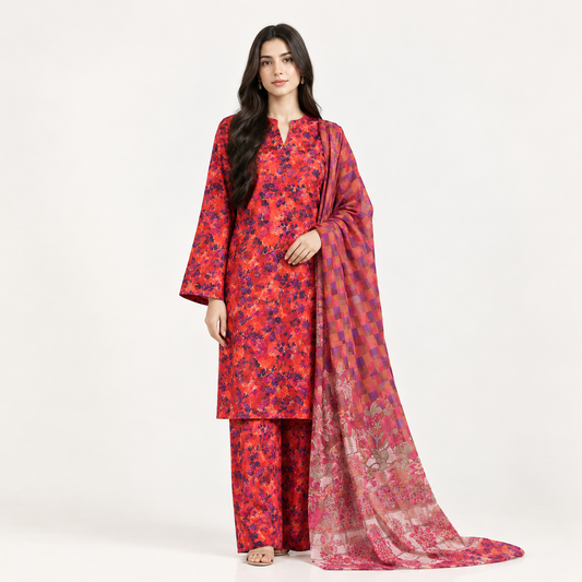 Aurezza Collection Red Floral Printed Linen 3-Piece Suit