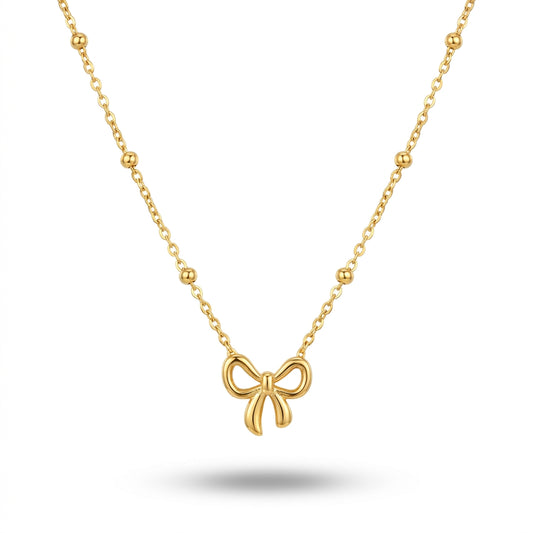 Elegant Golden Bow Pendant Necklace with Beaded Chain for Women