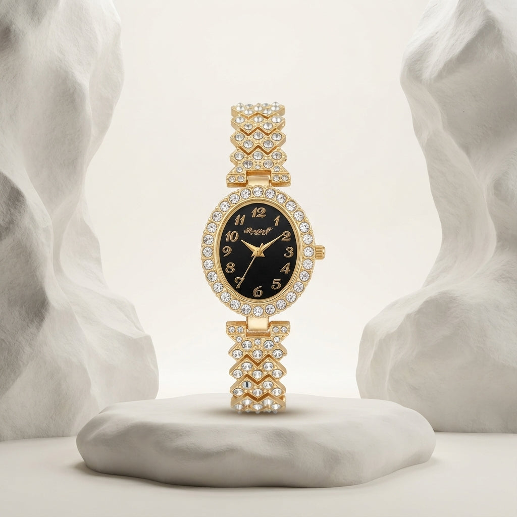Aurezza Golden Rhinestone Bracelet Watch with Black Dial for Women