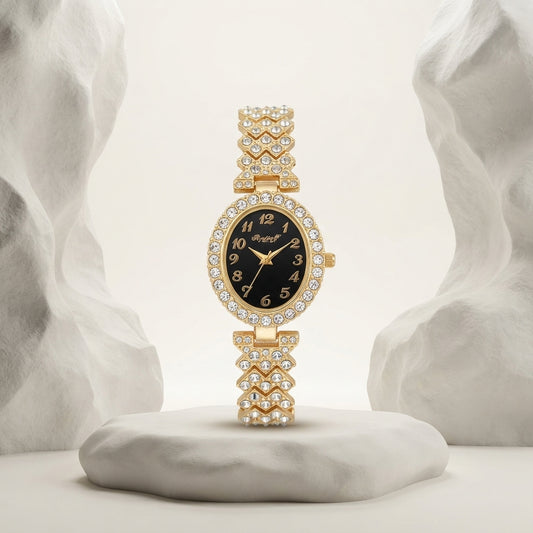 Aurezza Golden Rhinestone Bracelet Watch with Black Dial for Women