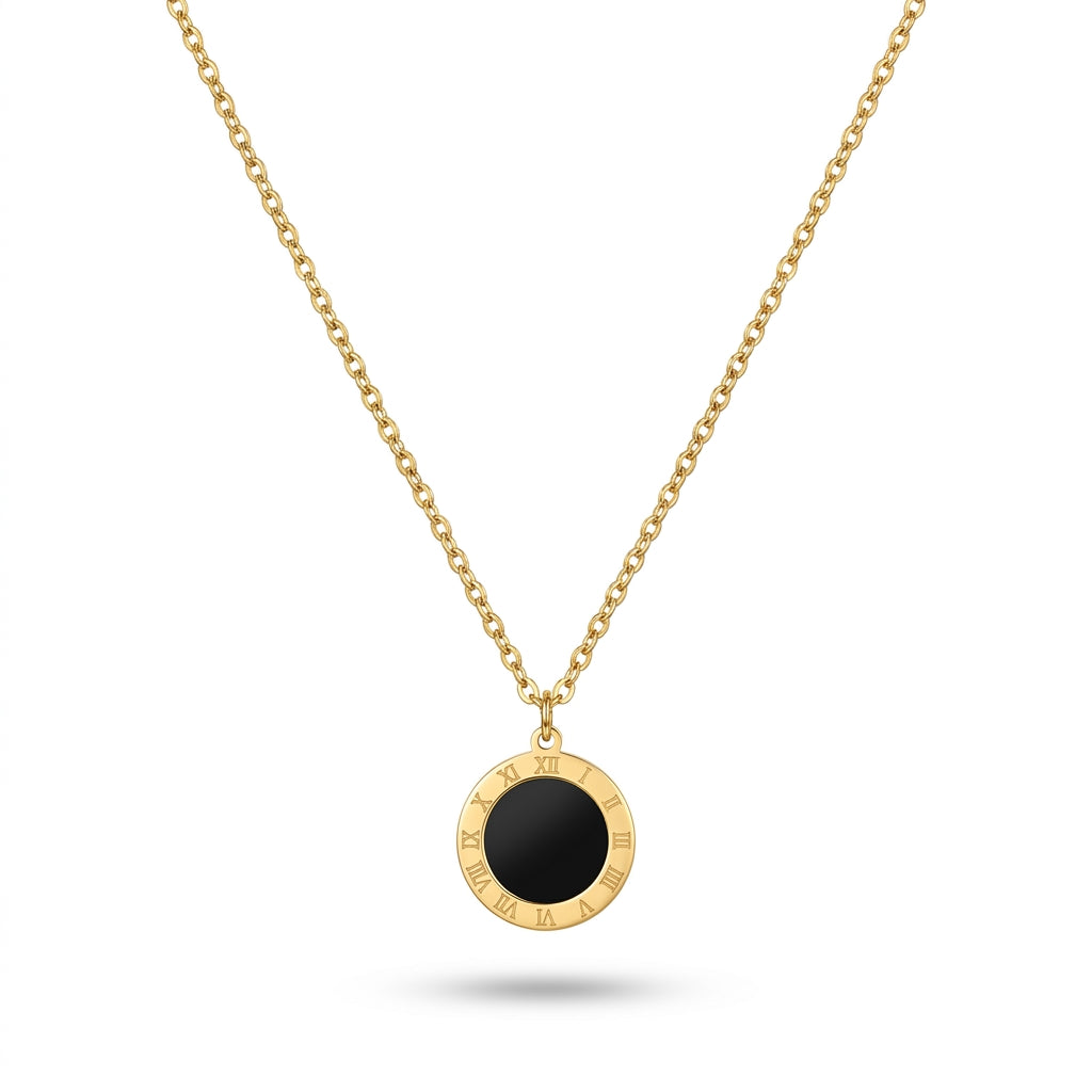 Luxury Golden Roman Numeral Black Medallion Pendant Necklace for Women
