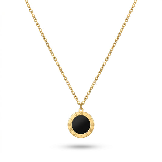 Luxury Golden Roman Numeral Black Medallion Pendant Necklace for Women