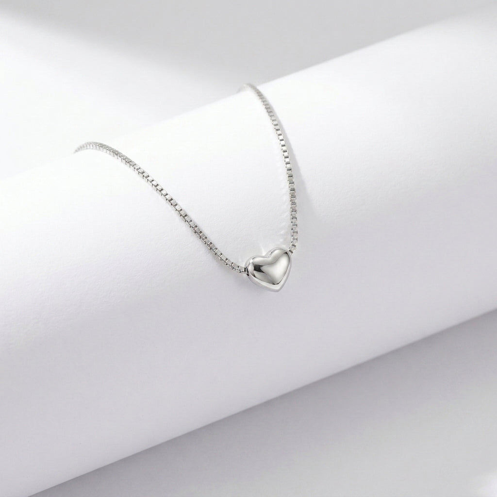 Aurezza Minimal Heart Necklace – Silver Stainless Steel Box Chain For Women