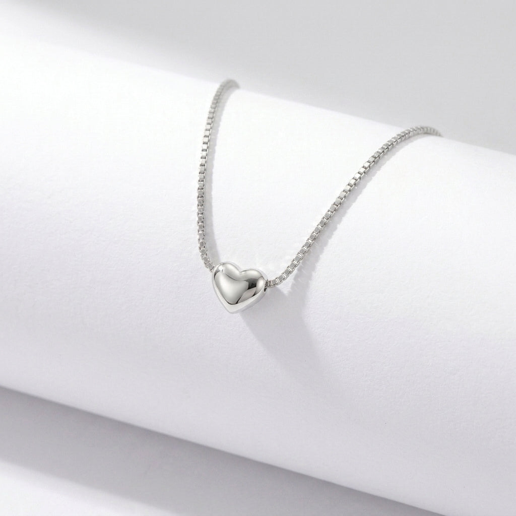 Aurezza Minimal Heart Necklace – Silver Stainless Steel Box Chain For Women