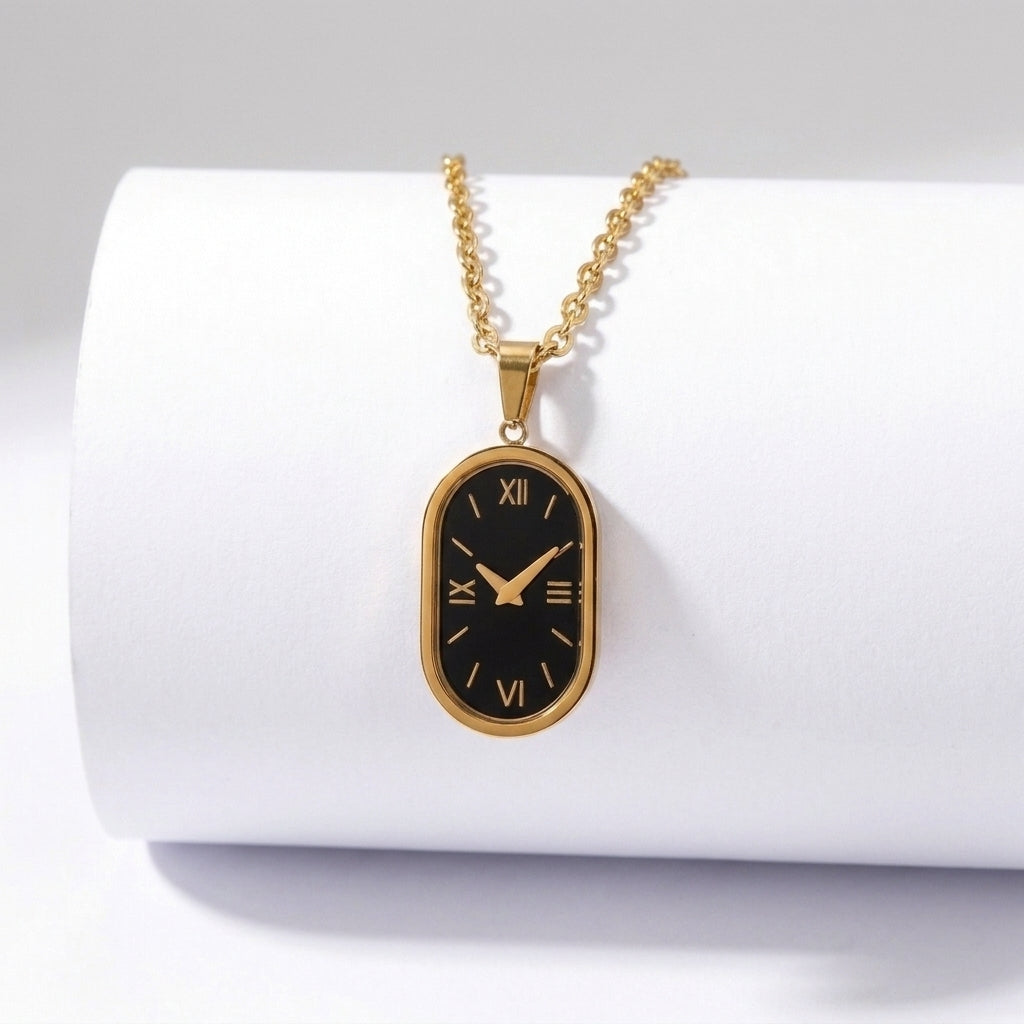 Aurezza Timeless Roman Clock Pendant Necklace – Gold Plated Stainless Steel