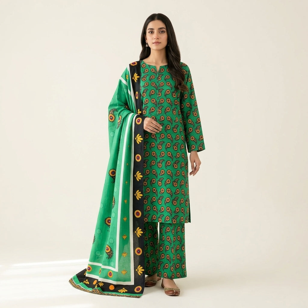 Aurezza Collection Green Printed Khaddar 3-Piece Suit