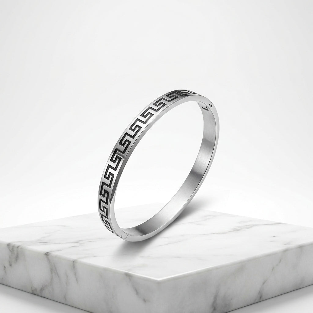 Premium Silver Greek Key Bangle Bracelet for Men & Women