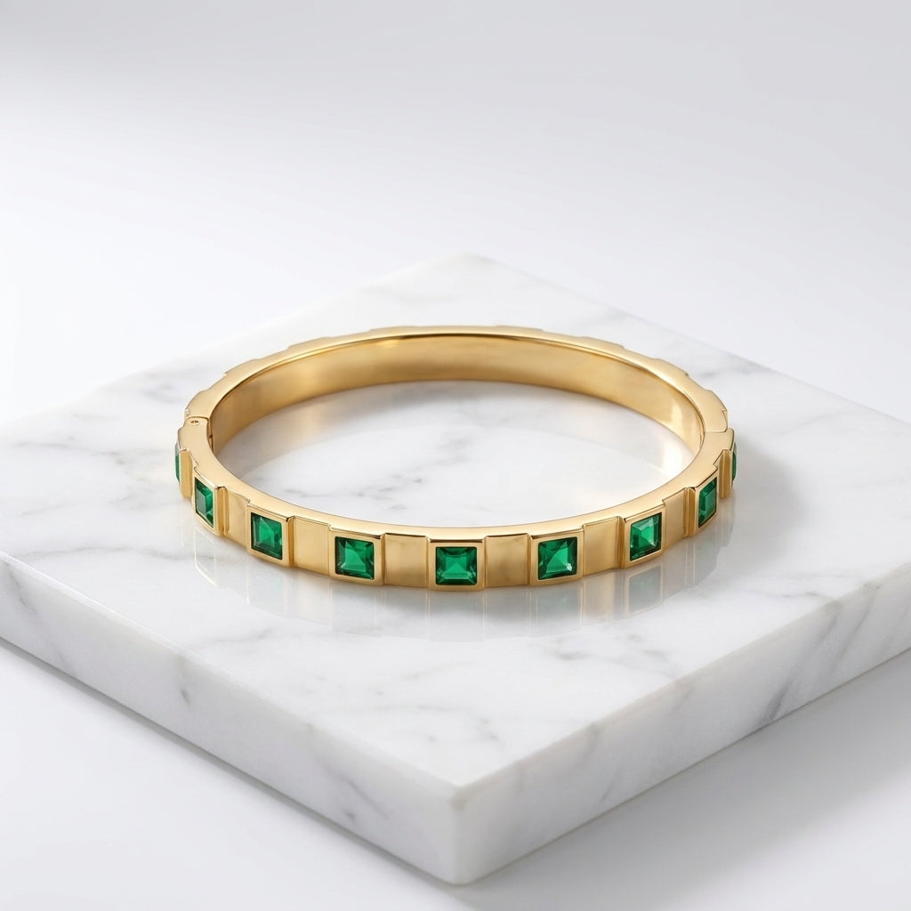 Luxury Gold Emerald Crystal Bracelet & Ring Set for  Women