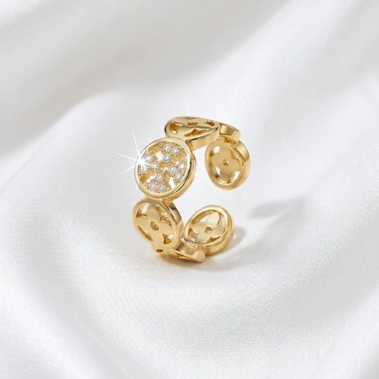 Luxury Gold Clover CZ Adjustable Ring for Women