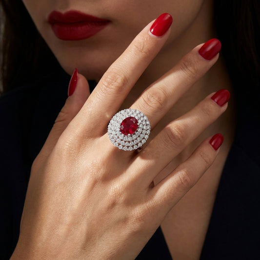 Luxury Red Ruby Halo Crystal Ring for Women