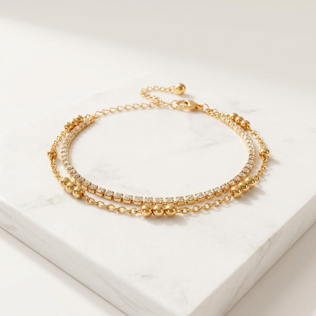 Luxury Gold Double Layer Crystal Beaded Anklet for Women