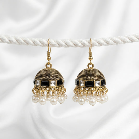 Vintage Black Stone Pearl Jhumka Earrings for Women