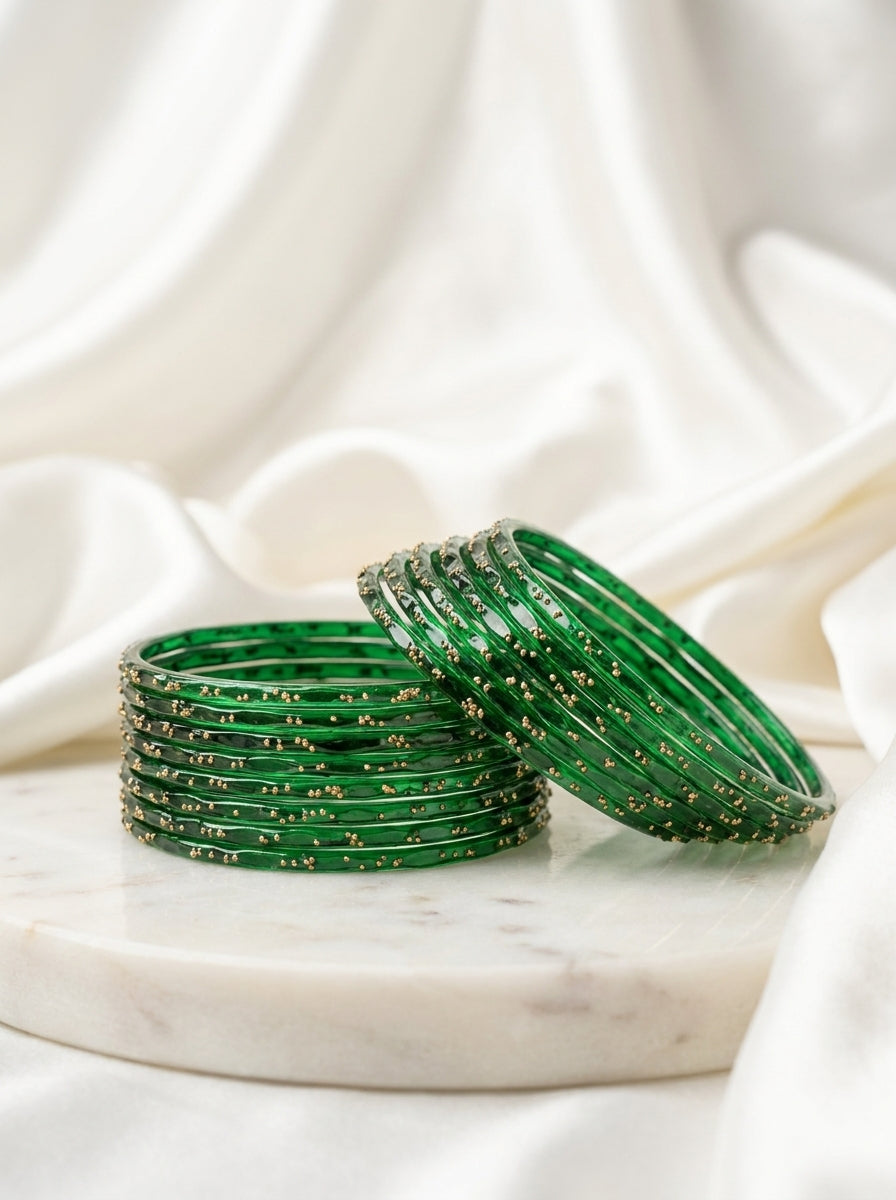 Emerald Green Glitter Transparent Churi Set for Women – Traditional Glass Bangles