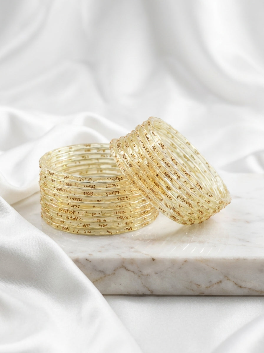 Ivory Gold Glitter Transparent Churi Set for Women – Elegant Glass Bangles Collection