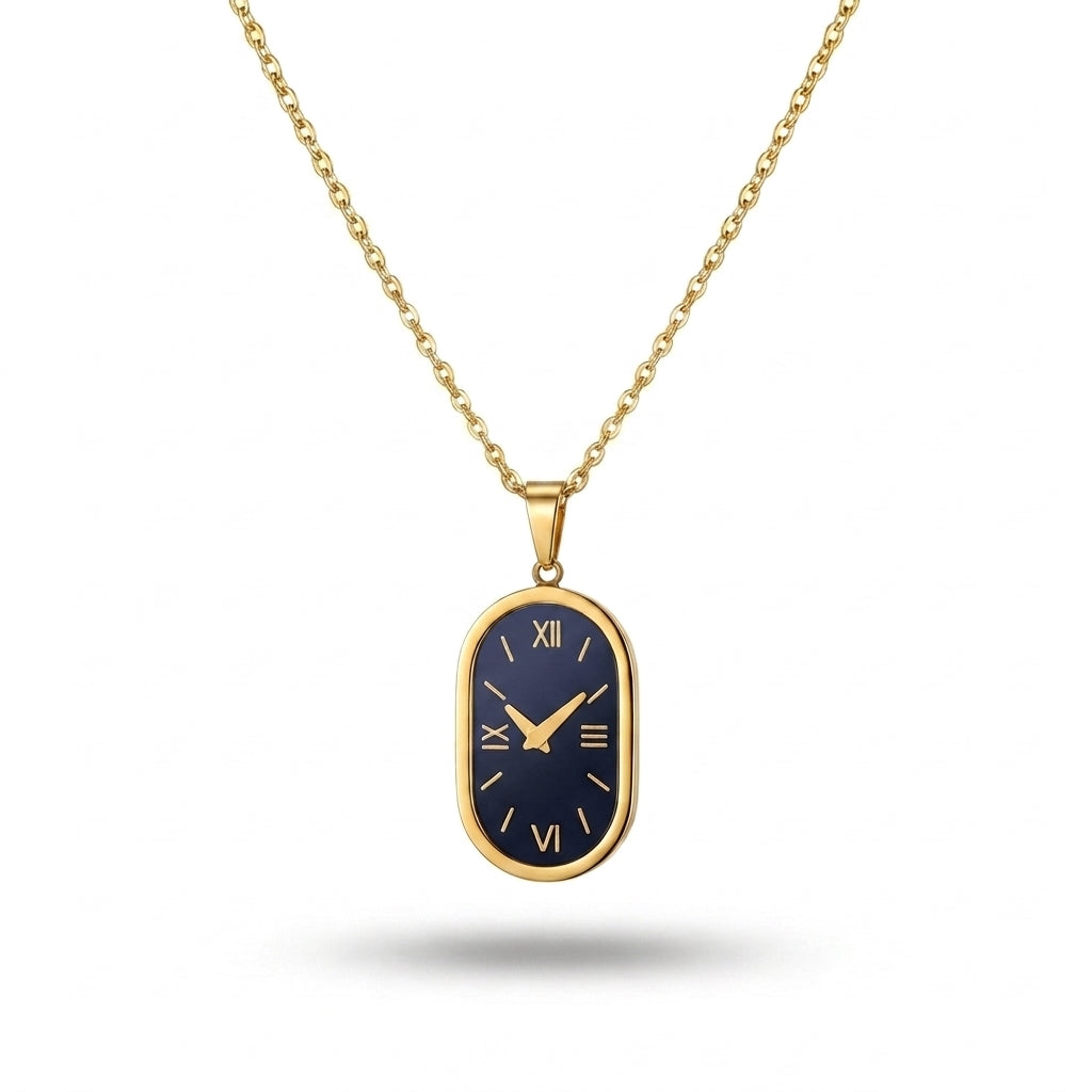 Aurezza Timeless Roman Clock Pendant Necklace – Gold Plated Stainless Steel