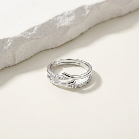 Luxury Adjustable Double Row CZ Ring for Women – Elegant Silver Band Ring