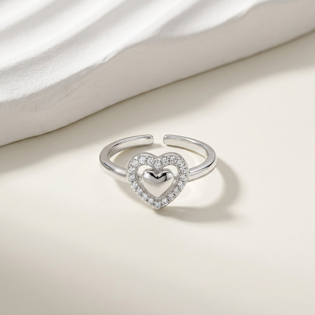 Luxury Adjustable Double Heart CZ Ring for Women – Elegant Silver Band Ring