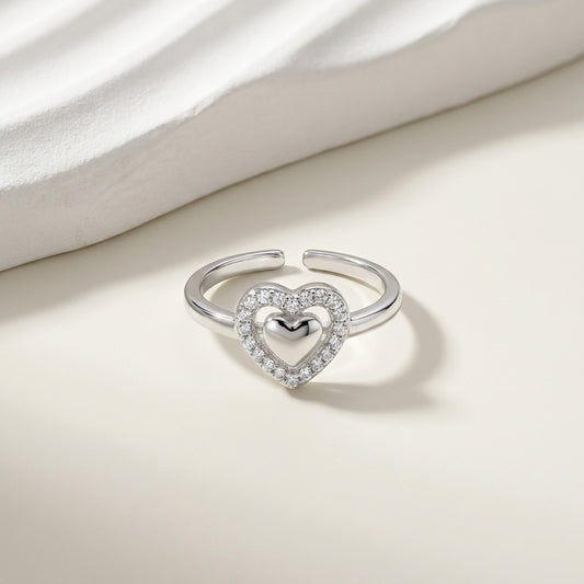 Luxury Adjustable Double Heart CZ Ring for Women – Elegant Silver Band Ring