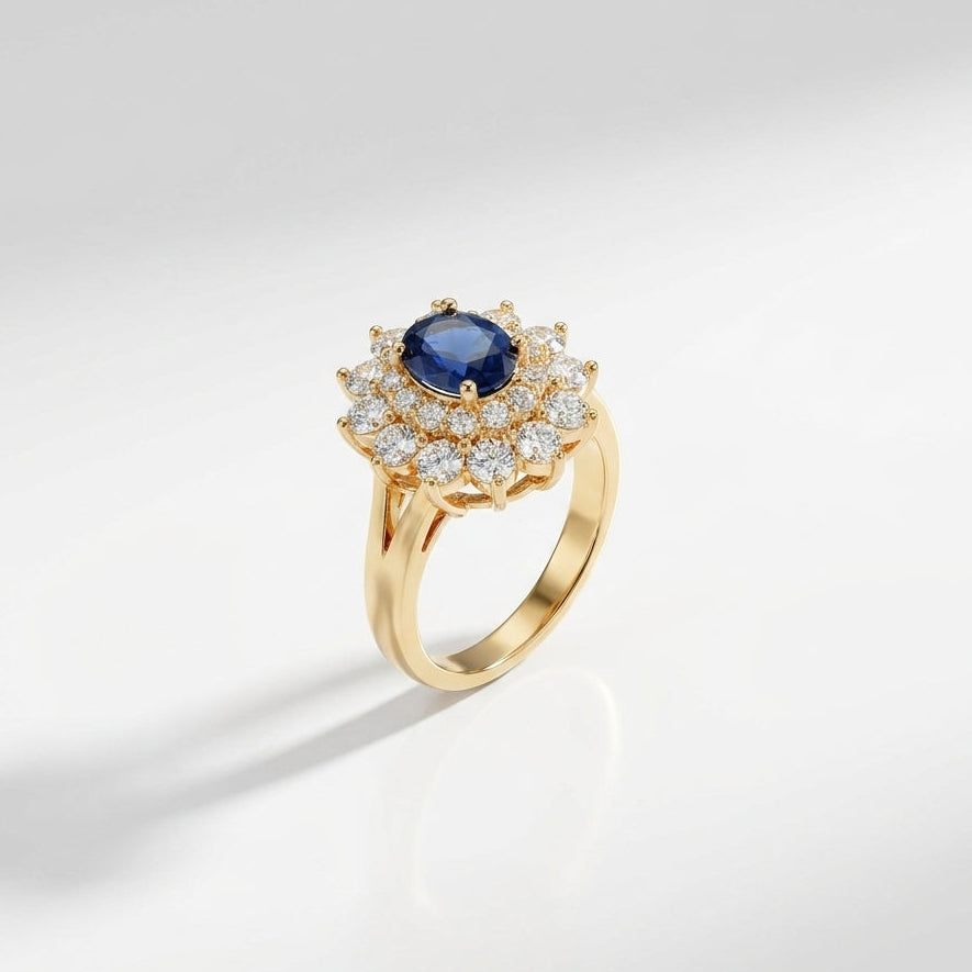 Luxury Blue Sapphire Halo Crystal Ring for Women