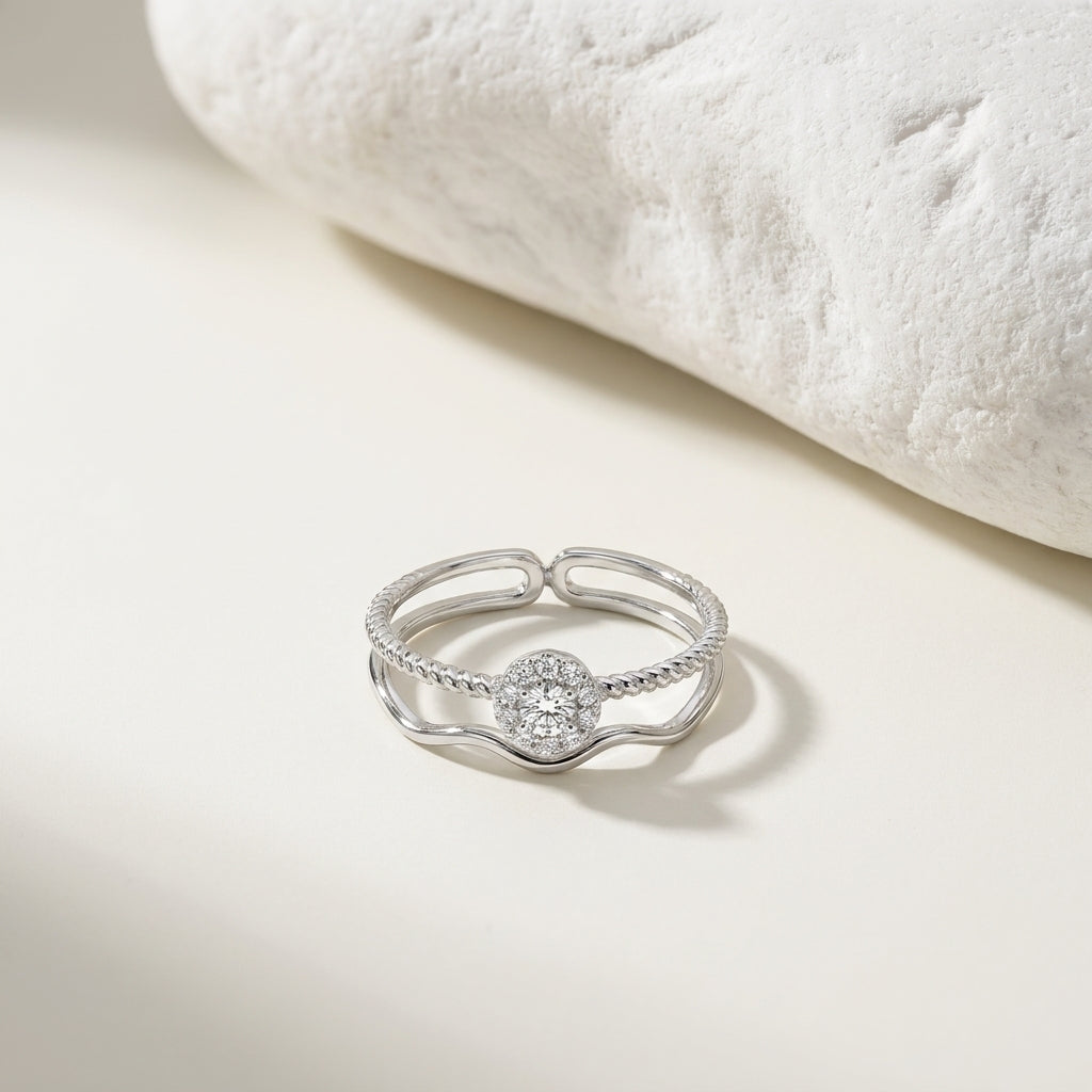 Luxury Adjustable Double Band Halo CZ Ring for Women – Elegant Open Ring