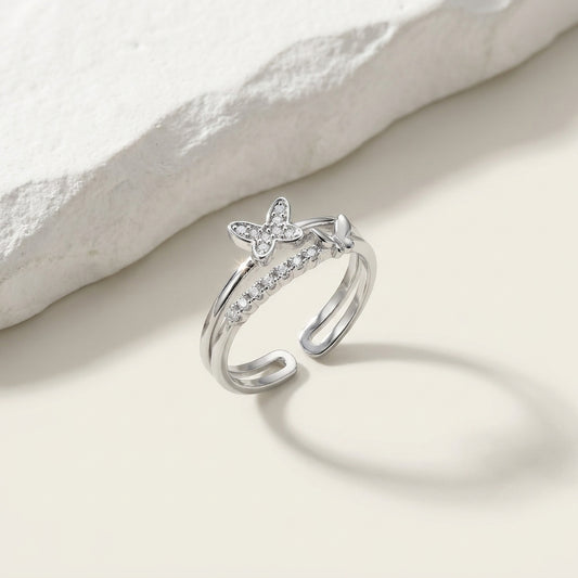 Luxury Adjustable Silver Butterfly CZ Ring for Women – Elegant Open Band