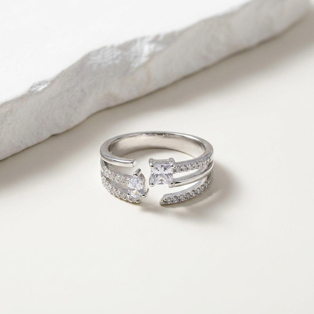 Luxury Adjustable Silver Cubic Zirconia Statement Ring for Women